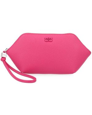 Ganni Embossed Logo Leather Clutch With Wrist Strap - Roze