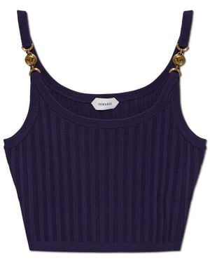 Versace Tops ,Paars ,Nylon Stretch Viscose Mesh Ribbed Knit Top - Blauw