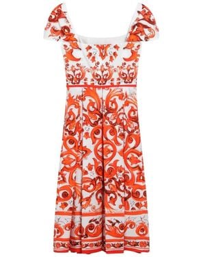 Dolce & Gabbana Kleedjes ,Oranje ,Katoen Maiolica-Print Poplin Jurk - Rood