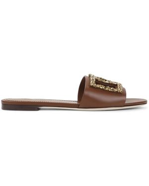 Dolce & Gabbana Flache Pantoletten Aus Kalbsleder Mit Stickerei - Braun