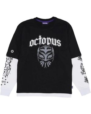 Octopus Schwarzes Langarm-Rundhals-T-Shirt