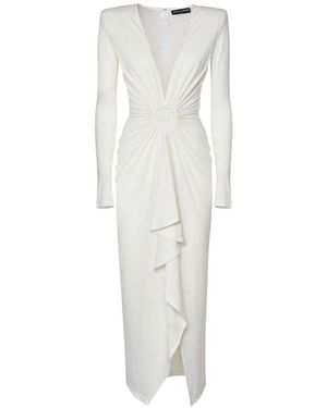 Alberto Audenino Weiße Jersey Midi Kleid Mit Rouches