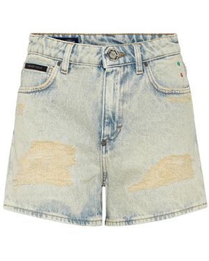 Philipp Plein Korte Broeken ,Blauw ,Denim High Waist Vintage Denim Shorts