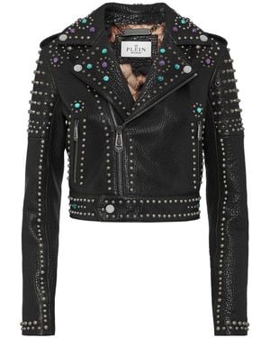Philipp Plein Vintage Leder Cropped Biker Jacke Mit Nieten - Schwarz