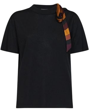 PUCCI Tops ,Zwart ,Wol Ribgebreid T-Shirt Met Ronde Hals En Zijden Sjaaldetail
