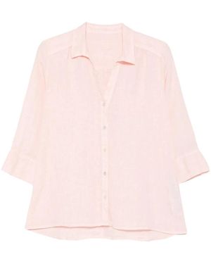 120% Lino Overhemden ,Roze ,Linnen Klassiek V-Hals Shirt Met Kraag