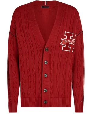 Tommy Hilfiger Logo Appliqué Kabel Gebreid Cardigan Met V-Hals - Rood