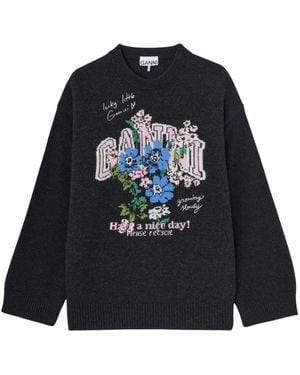 Ganni Truien & Vesten ,Grijs ,Wol Oversized Trui Met Bloemen - Blauw