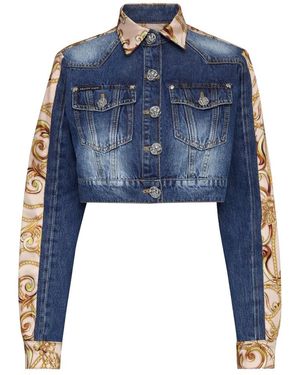 Philipp Plein Jassen ,Blauw ,Denim Denim Cropped Jacket New Baroque