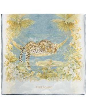 Ferragamo Accessoires ,Blauw ,Zijden Sjaal Met Bloemenmotief - Metallic