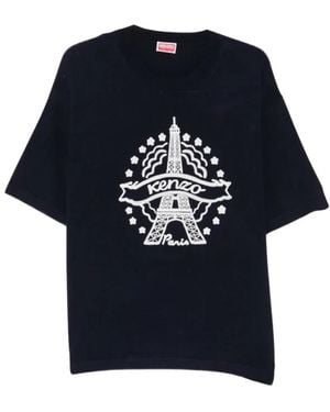 KENZO Tops ,Blauw ,Wol T-Shirt Met Eiffeltoren-Ontwerp