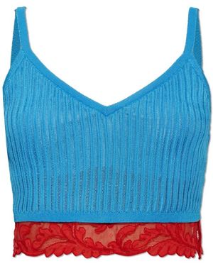 Versace Tops ,Blauw ,Katoen Tanktop Van Gebreide Viscosemix Met Kanten Rand