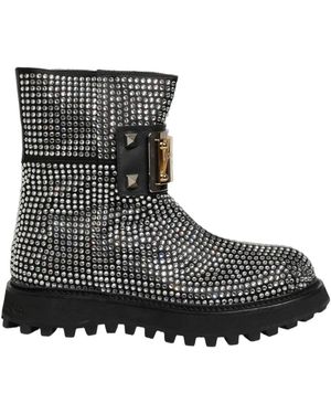 Dolce & Gabbana Schoenen ,Zwart ,Leer Enkellaarsjes Met Kristallen