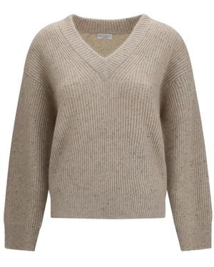 Brunello Cucinelli Kaschmir- Und Mohair-Pullover Mit V-Ausschnitt - Grau