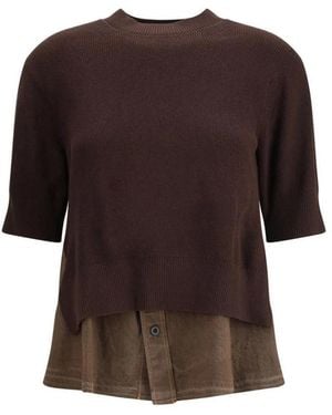 Sacai Denim Detail Sweater Met 3/4 Mouwen - Bruin