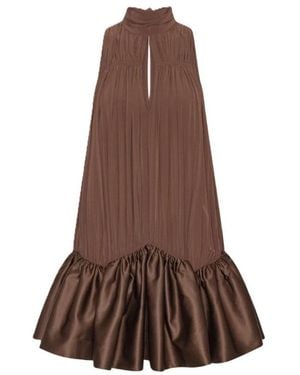 ROTATE BIRGER CHRISTENSEN Gathered Sleeveless Mini Dress With Ruffled Hem And Tied Bow - Brown