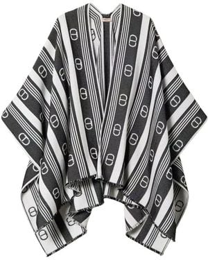 Twinset Jassen ,Grijs ,Wol Gestreepte Jacquard Wollen Poncho - Zwart