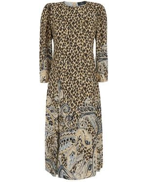 Etro Kleedjes ,Bruin ,Midi Jurk Met Ronde Hals - Naturel