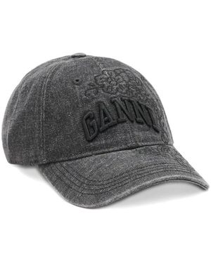 Ganni Accessoires ,Zwart ,Denim Cap Van Geborduurd Denim - Grijs