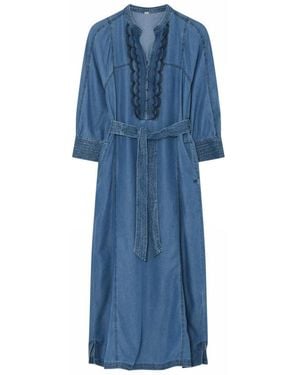 GUSTAV Denim Lange Kleid Mit Bestickten Details - Blau