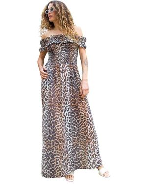 Crās Off-Shoulder Smock Maxi Kleid Urban Leo - Braun