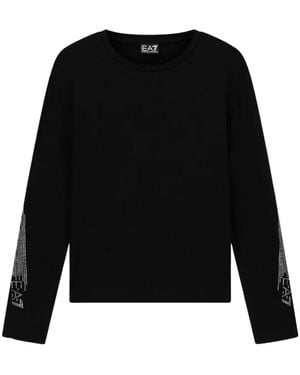 EA7 Logo Series Stretch-Jersey T-Shirt Met Lange Mouwen - Zwart
