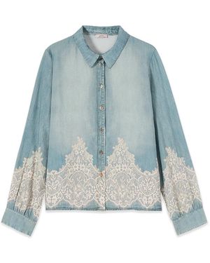 Oltre Overhemden ,Blauw ,Denim Denim-Effect Shirt With Lace