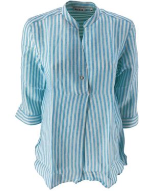 Caliban Linnen Blouse Met Mandarijnkraag - Blauw