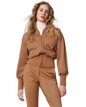 Twinset Hoodies & Sweatvesten ,Bruin ,Polyester Jacquard Scuba Stof Sweatshirt