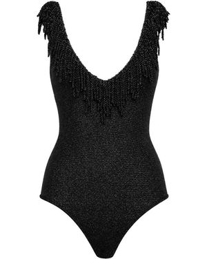 SIMONA CORSELLINI Badmode ,Zwart ,Body Van Tricot Met Diepe V-Hals En Lurex Franjes