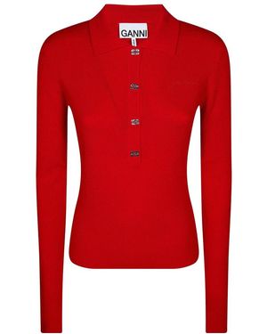 Ganni Mini Ribbed Merino Polo - Rood