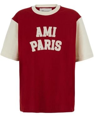 Ami Paris Tops ,Rood ,Katoen Boxy Crewneck T-Shirt