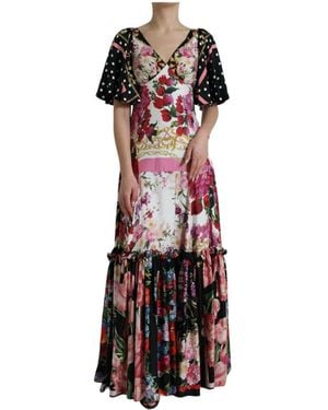 Dolce & Gabbana Multicolour Floral Print Silk Twill Gown Dress - Red