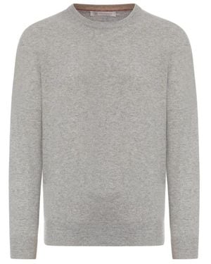 Brunello Cucinelli Truien & Vesten ,Grijs ,Leer Essentiële Cashmere Trui Met Ronde Hals
