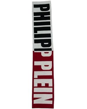 Philipp Plein Rechteckiger Bicolor Logo Wollmischschal - Rot