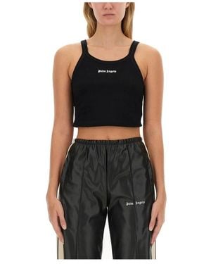 Palm Angels Tops ,Zwart ,Katoen Cropped Logo Tanktop