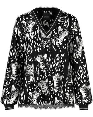 Marc Cain Overhemden ,Zwart ,Blouse Met Leo-Print En Kattenmotieven