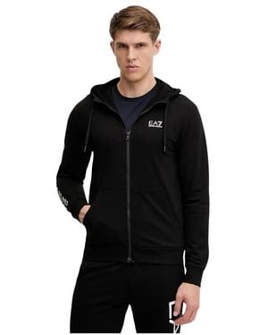 EA7 Logo Series Hooded Cotton Zip-Up Sweatshirt - Zwart