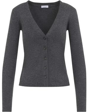 Brunello Cucinelli Sprankelende Kasjmier Lichtgewicht Ribgebreide Cardigan - Blauw