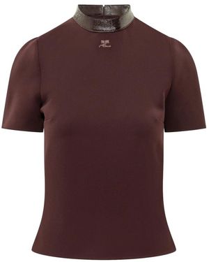 Courreges Tops ,Bruin ,Polyester Heritage Vinyl-Kraag Logo-Patch Blouse