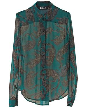 Just Cavalli Overhemden ,Veelkleurig ,Camicia Crepe Leopardi - Groen