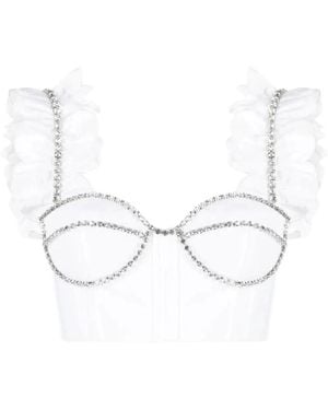Area Kristallverzierter Popeline Rüschen Bustier Cropped Top - Weiß
