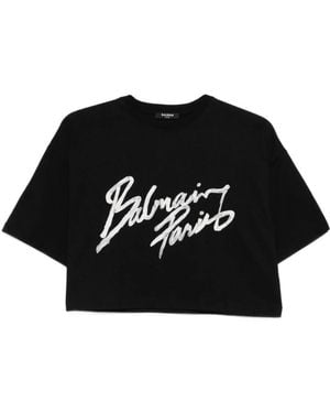 Balmain Cropped T-Shirt Met Kenmerkend Logo - Zwart