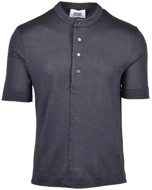 Alpha Studio Tops ,Grijs ,Linnen Stretch Linnen T-Shirt - Blauw