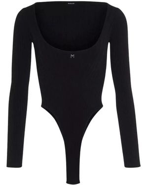 Mugler Tops ,Zwart ,Katoen Zwarte Gebreide Bodysuit Met Diepe Halslijn