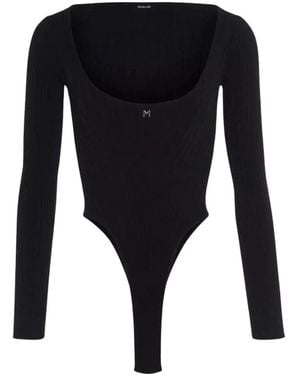 Mugler Tops ,Zwart ,Katoen Zwarte Gebreide Bodysuit Met Diepe Halslijn