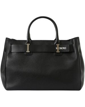 Iceberg Maxi shopper tasche aus schwarzem willer-leder mit glatter schnalle und silbernen details