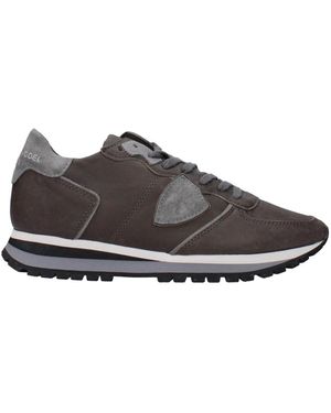 Philippe Model Grijze Leren Sneakers Met Logo Detail - Grijs