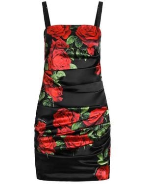 Dolce & Gabbana Kleedjes ,Zwart ,Satijn Jurk Met Rozenprint - Rood