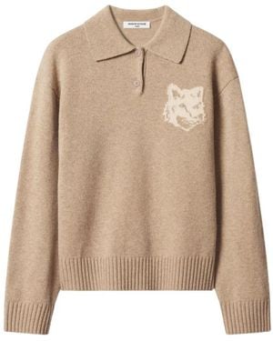 Maison Kitsuné Tops ,Wol Fox Head Intarsia Merino Polo Jumper - Naturel